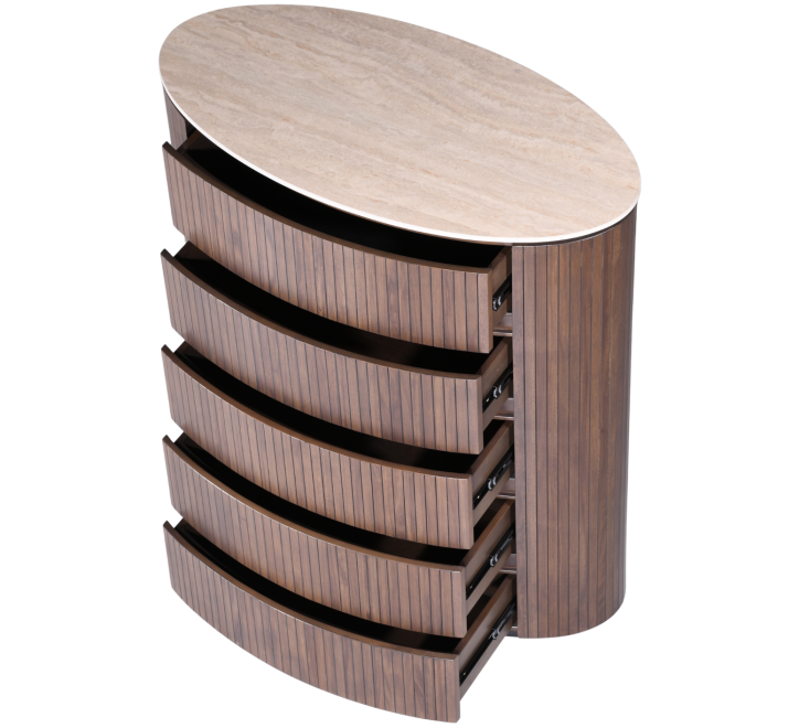 Cleo Chest with a smooth oval top and five curved drawers in a rich wood finish