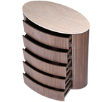 Cleo Chest with a smooth oval top and five curved drawers in a rich wood finish