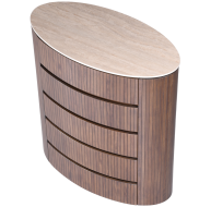 Cleo Chest with a sleek oval top and modern wood finish featuring five horizontal drawers