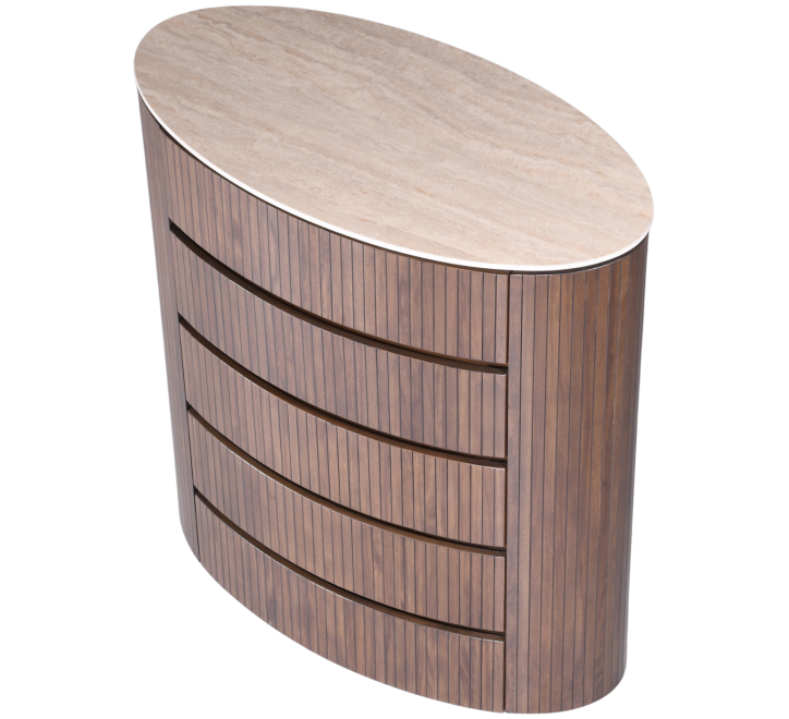 Cleo Chest featuring a sleek oval top and wooden slatted design with five spacious drawers