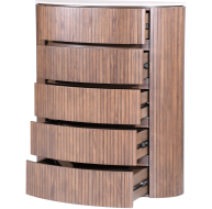Cleo Chest with five spacious drawers and a sleek curved design in a warm wood finish