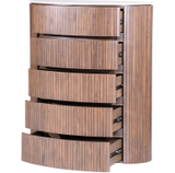 Cleo Chest with five spacious drawers and a sleek curved design in a warm wood finish