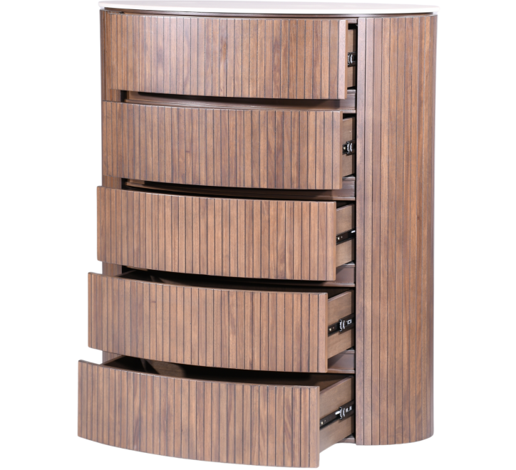 Cleo Chest featuring a modern design with curved edges and multiple spacious drawers