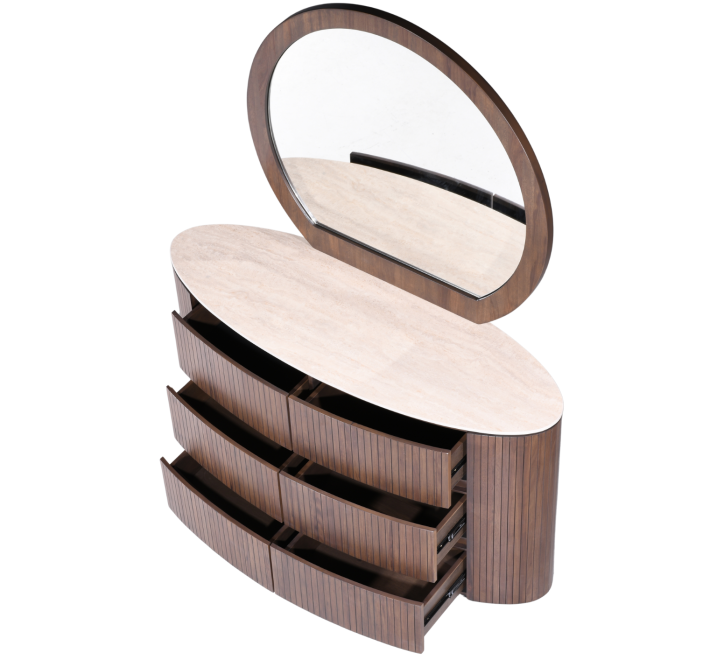 Cleo Dressing Table with oval mirror and multiple drawers in a modern design