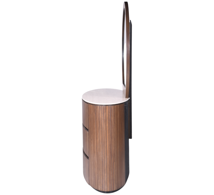 Cleo Dressing Table featuring a sleek design with a round mirror and wooden finish
