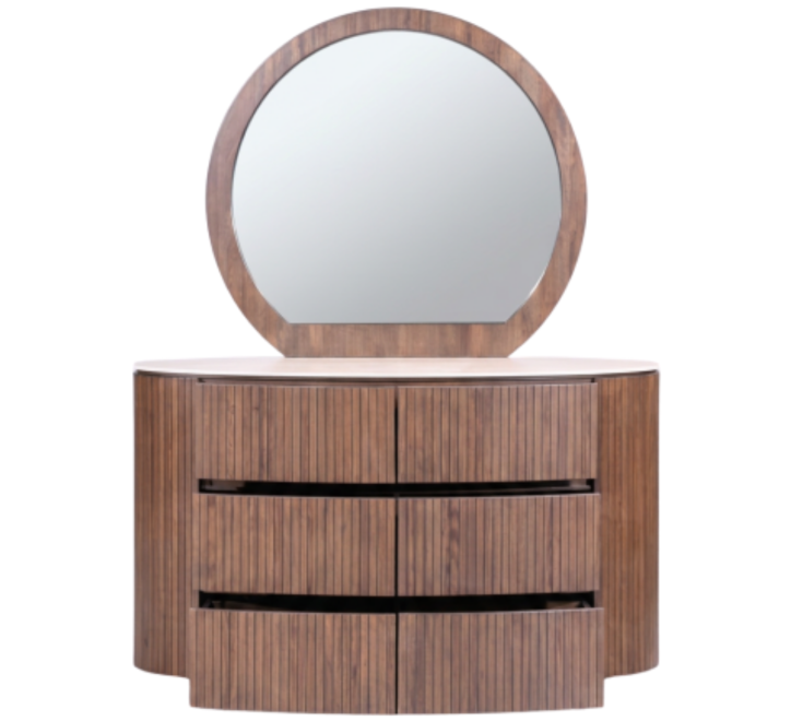 Cleo Dressing Table with round mirror and stylish wooden drawers for elegant storage and display