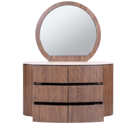 Cleo Dressing Table with round mirror and stylish wooden drawers for elegant storage and display