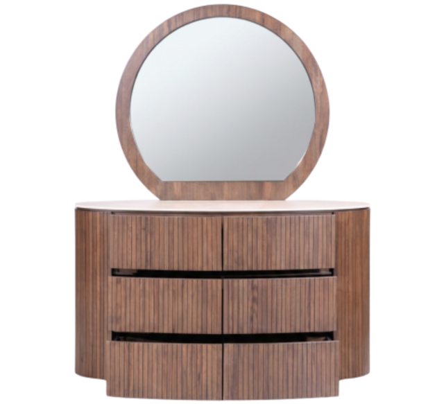 Cleo Dressing Table with round mirror and stylish wooden drawers for elegant storage and display