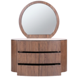 Cleo Dressing Table with a round mirror and four sleek drawers in a modern wood finish