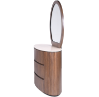 Cleo Dressing Table with a round mirror and three drawers in a sleek wood finish