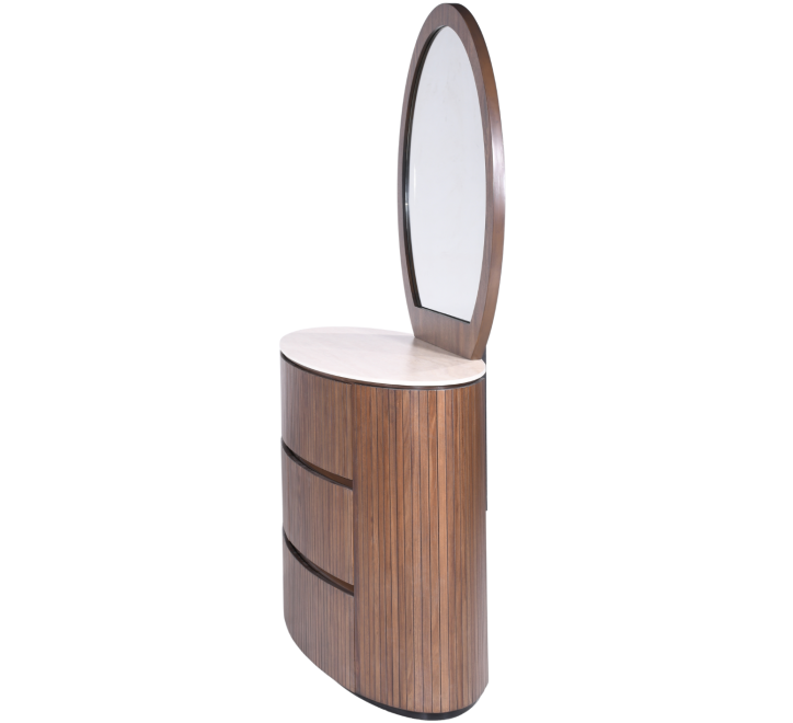 Cleo Dressing Table with a sleek design and oval mirror, featuring three spacious drawers