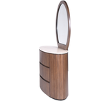 Cleo Dressing Table with a sleek design and oval mirror, featuring three spacious drawers