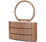 Cleo Dressing Table with a round mirror and wooden finish, featuring four spacious drawers