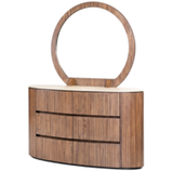 Cleo Dressing Table with a sleek design and round mirror in a warm wood finish