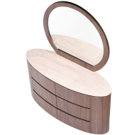 Cleo Dressing Table with a sleek design and round mirror, perfect for any modern bedroom setup