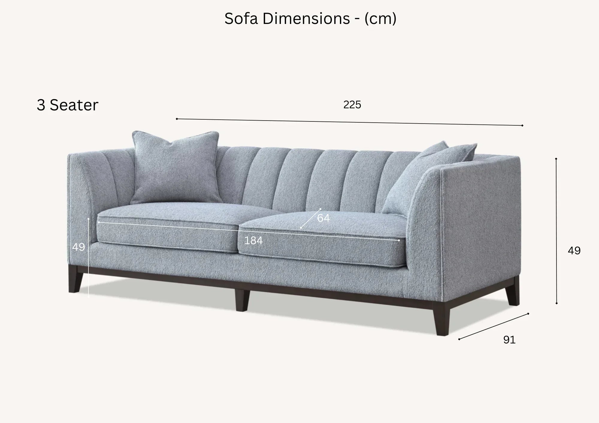 Grey fabric 3 seater sofa with channel tufting, dark base, and dimension labels in centimeters