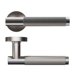 Brushed steel door handle set with textured grip, modern round rose design, side and top view