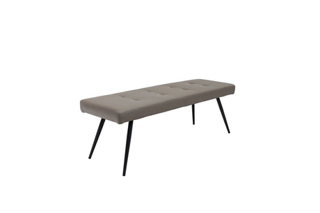 Modern taupe fabric bench with black metal legs and tufted seat upholstery