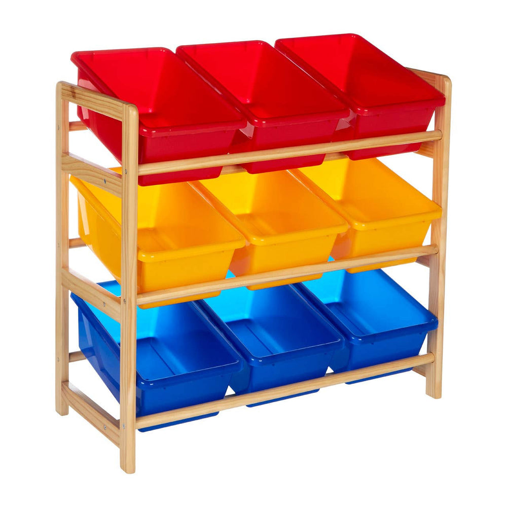 Three-tier storage unit made of pine wood featuring colorful plastic bins. The top row has two red bins, the middle row has two yellow bins, and the bottom row has two blue bins. The frame is natural wood, providing a sturdy and playful design suitable for kids' rooms