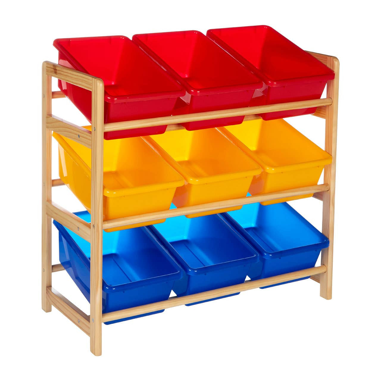 Three-tier storage unit made of pine wood featuring colorful plastic bins. The top row has two red bins, the middle row has two yellow bins, and the bottom row has two blue bins. The frame is natural wood, providing a sturdy and playful design suitable for kids' rooms