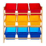 Three-tier storage unit made of pine wood featuring colorful bins. The top row has two red bins, the middle row has two yellow bins, and the bottom row has two blue bins. The unit has a natural wood frame and is designed for children's storage