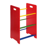 Bright red three-tier storage unit designed for kids, featuring two side panels with cut-out handles and five colorful horizontal shelves in yellow, green, and blue. The unit is sturdy and ideal for organizing toys and books