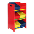 Three-tier kids storage unit in bright red with colorful bins in blue, yellow, and green. The unit features a sturdy design with cut-out handles for easy mobility. Each tier has open bins for organizing toys and other items