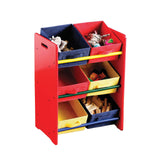 Three-tier kids storage unit featuring a vibrant red frame with blue and yellow bins. The unit has an open design, allowing easy access to toys and supplies, with each tier containing multiple colorful storage bins for organization