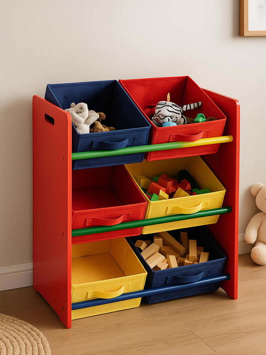 A colorful three-tier storage unit designed for kids, featuring a bright red frame with blue, yellow, and green bins for organizing toys and other items. The unit has an open design with easy access to the bins, making it ideal for playrooms or children's bedrooms. The floor is wooden, and there is a soft toy bear placed beside the unit