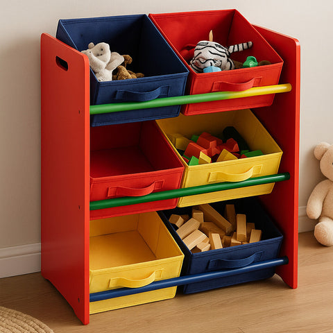 A vibrant red three-tier storage unit designed for kids, featuring colorful fabric bins in blue, yellow, and green. The unit has an open design with rounded edges and cut-out handles for easy access, placed on a light wooden floor with a plush teddy bear beside it