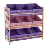 Three-tier kids storage unit featuring a wooden frame with pink and purple fabric bins. The top two tiers have purple bins, while the bottom tier has pink bins, all designed for easy organization of toys and other items