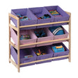 Three-tier kids storage unit featuring a wooden frame with pink and purple fabric bins. The top two tiers have pink bins, while the bottom tier has purple bins. Each bin is open at the front for easy access, and the unit is designed for organizing toys and other children's items