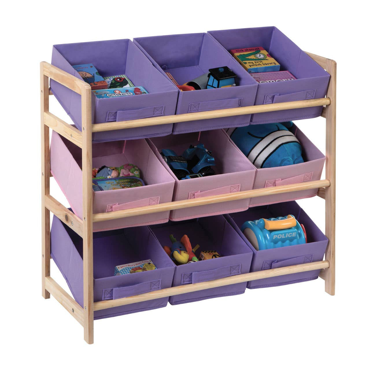 Three-tier kids storage unit featuring a wooden frame with pink and purple fabric bins. The top two tiers have pink bins, while the bottom tier has purple bins. Each bin is open at the front for easy access, and the unit is designed for organizing toys and other children's items