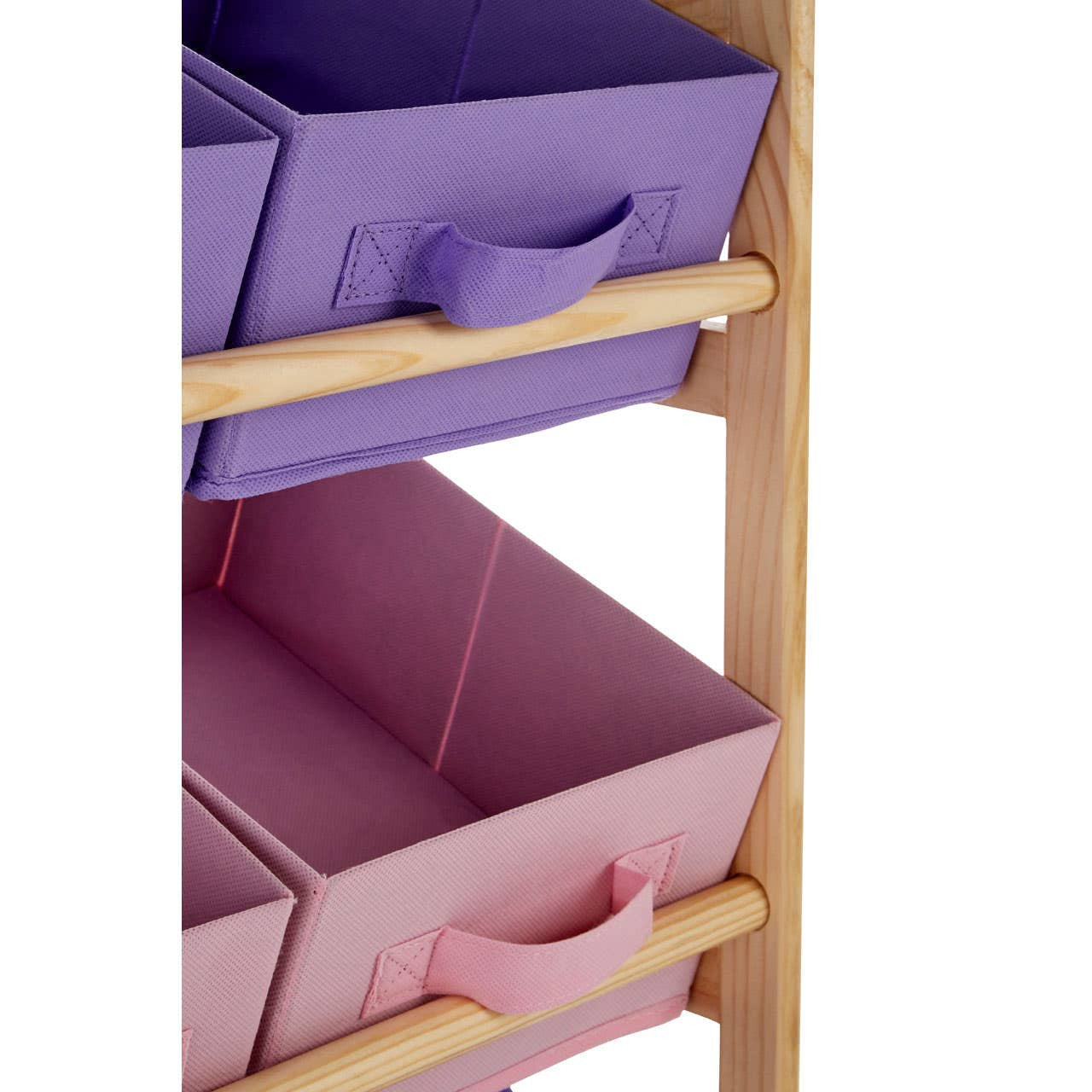 Three-tier kids storage unit featuring pink and purple fabric bins with handles, set on a light wooden frame. The bins are arranged in two rows, with the top row containing a purple bin and the bottom row featuring a pink bin. The unit is designed for organizing toys and other children's items