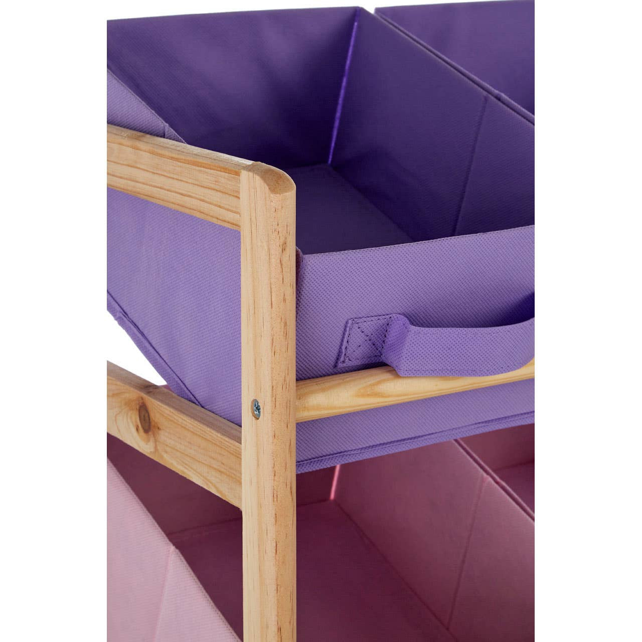 Three-tier kids storage unit featuring pink and purple fabric bins, supported by a natural wood frame. The bins are designed with handles for easy access, and the unit has a modern, playful aesthetic suitable for children's rooms