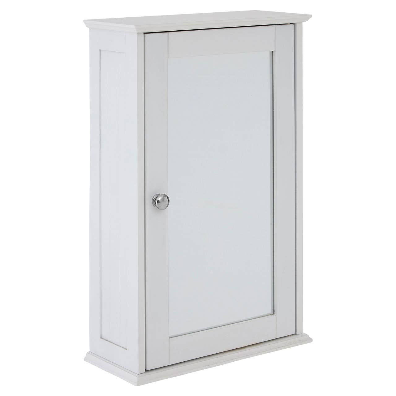 A white cabinet with a mirrored front door, featuring a round silver knob and a simple, modern design. The cabinet has a rectangular shape and a flat top, suitable for displaying decorative items
