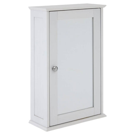 A white cabinet with a mirrored front door, featuring a round silver knob and a simple, modern design. The cabinet has a rectangular shape and a flat top, suitable for displaying decorative items