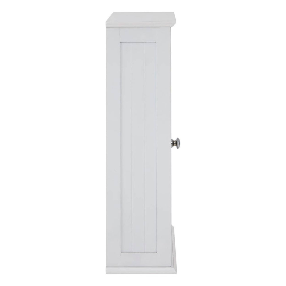Tall, white cabinet with a mirrored front and a single door, featuring a simple, elegant design and a small round handle. The cabinet has a smooth finish and is suitable for home furniture decor