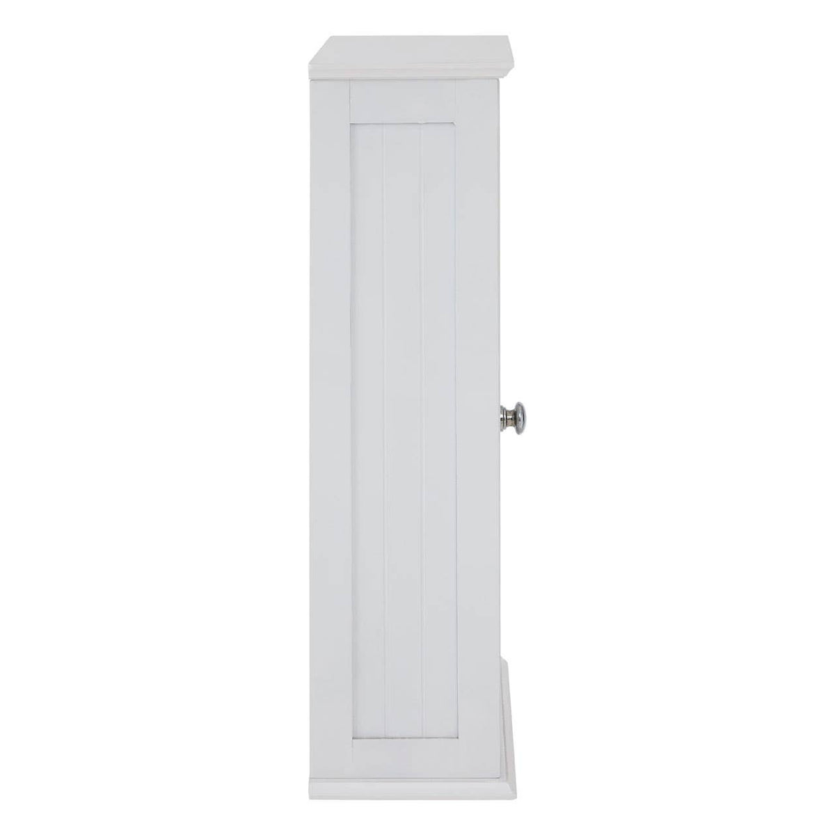 Tall, white cabinet with a mirrored front and a single door, featuring a simple, elegant design and a small round handle. The cabinet has a smooth finish and is suitable for home furniture decor