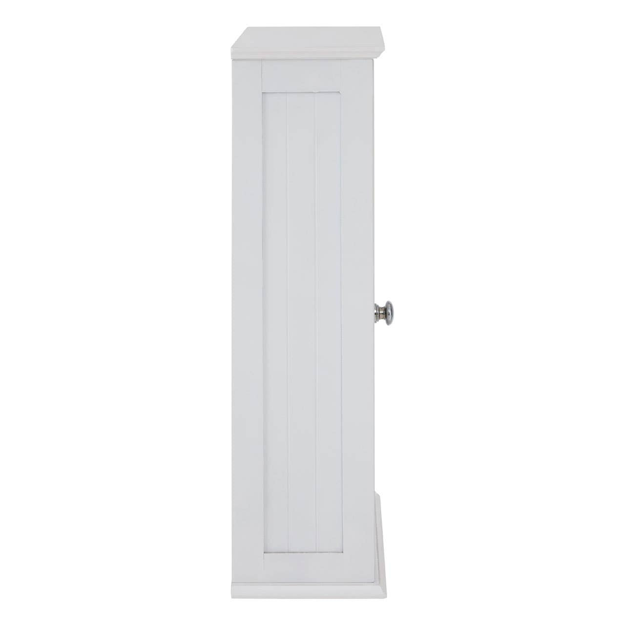 Tall, white cabinet with a mirrored front and a single door, featuring a simple, elegant design and a small round handle. The cabinet has a smooth finish and is suitable for home furniture decor