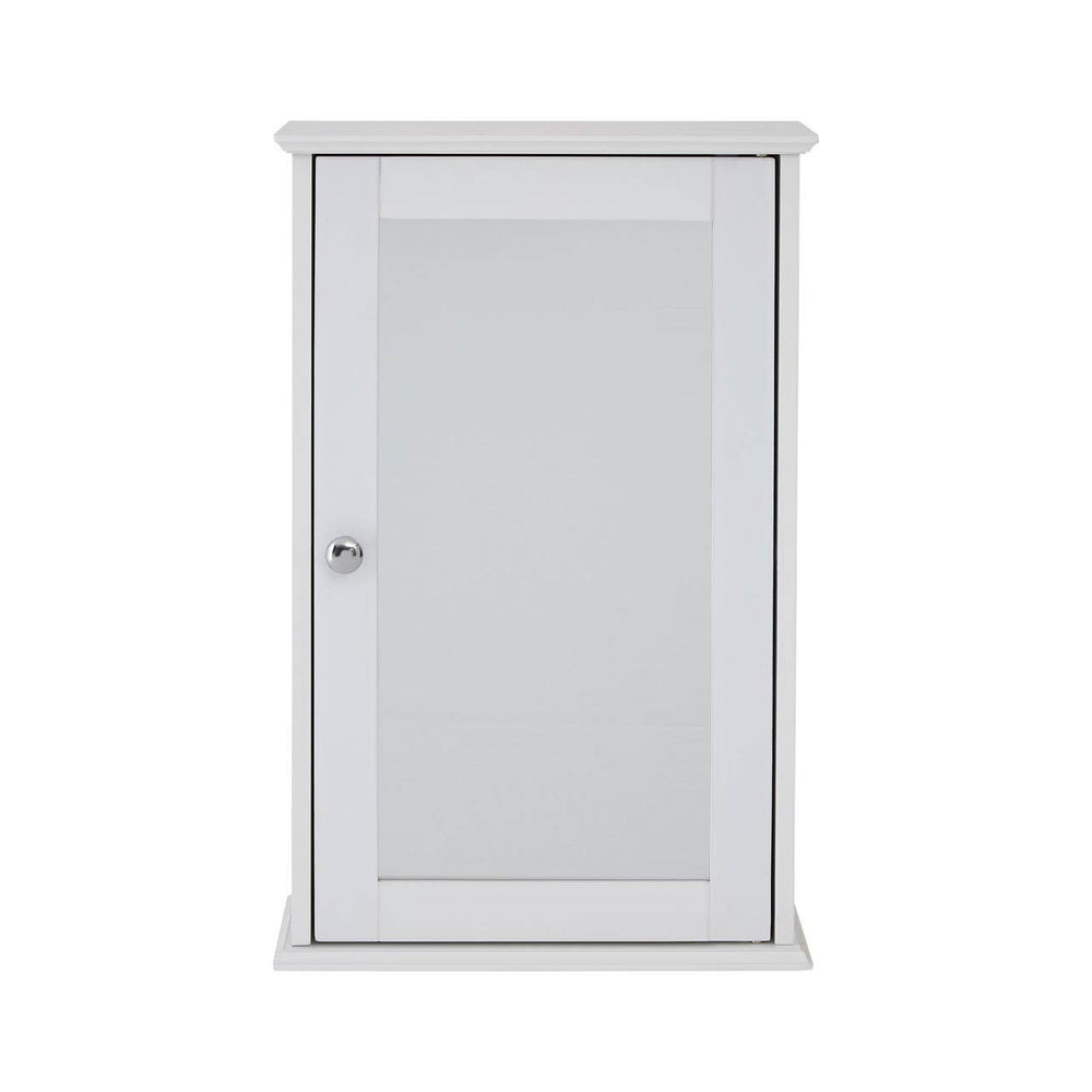 A sleek, white cabinet with a mirrored front door and a simple round handle, featuring a classic design suitable for home decor