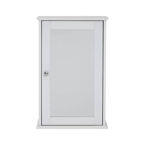 A sleek, white cabinet with a mirrored front door and a simple round handle, featuring a classic design suitable for home decor