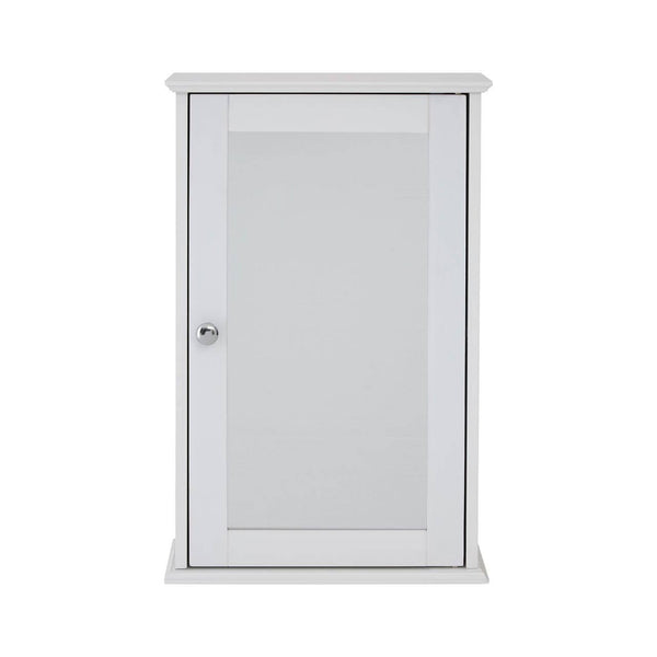A sleek, white cabinet with a mirrored front door and a simple round handle, featuring a classic design suitable for home decor
