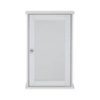 A sleek, white cabinet with a mirrored front door and a simple round handle, featuring a classic design suitable for home decor