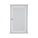A sleek, white cabinet with a mirrored front door and a simple round handle, featuring a classic design suitable for home decor