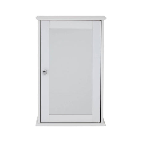 A sleek, white cabinet with a mirrored front door and a simple round handle, featuring a classic design suitable for home decor