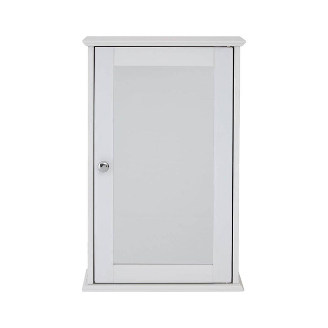 A sleek, white cabinet with a mirrored front door and a simple round handle, featuring a classic design suitable for home decor