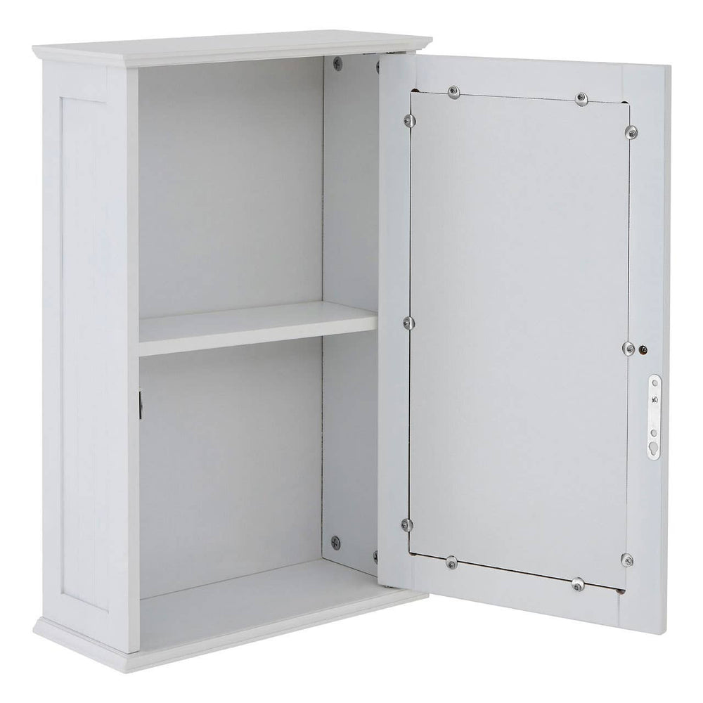 White mirrored cabinet with a single door open, revealing two shelves inside. The cabinet features a sleek design with a smooth finish and decorative edges