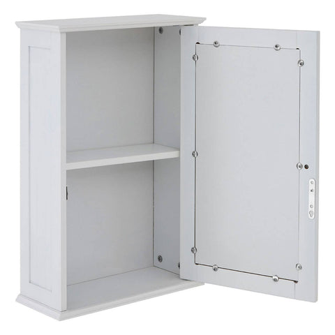 White mirrored cabinet with a single door open, revealing two shelves inside. The cabinet features a sleek design with a smooth finish and decorative edges