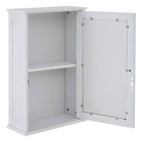 White mirrored cabinet with a single door open, revealing two shelves inside. The cabinet features a sleek design with a smooth finish and decorative edges